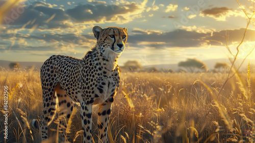 A cheetah stands majestically in a golden grassland at sunset. Africa is a savanna in Kenya. Safari to observe the animals of Kenya.