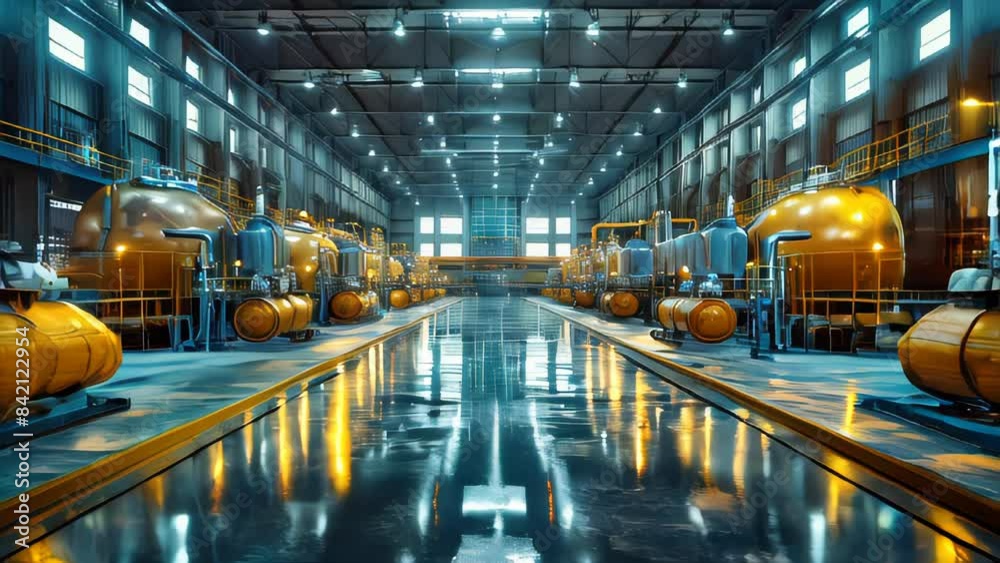 Industrial equipment in a factory. Industrial background of an oil refinery with pipes, valves and pumps Industrial equipment in a factory. Industrial background of an oil refinery with pipes, valves and pumps