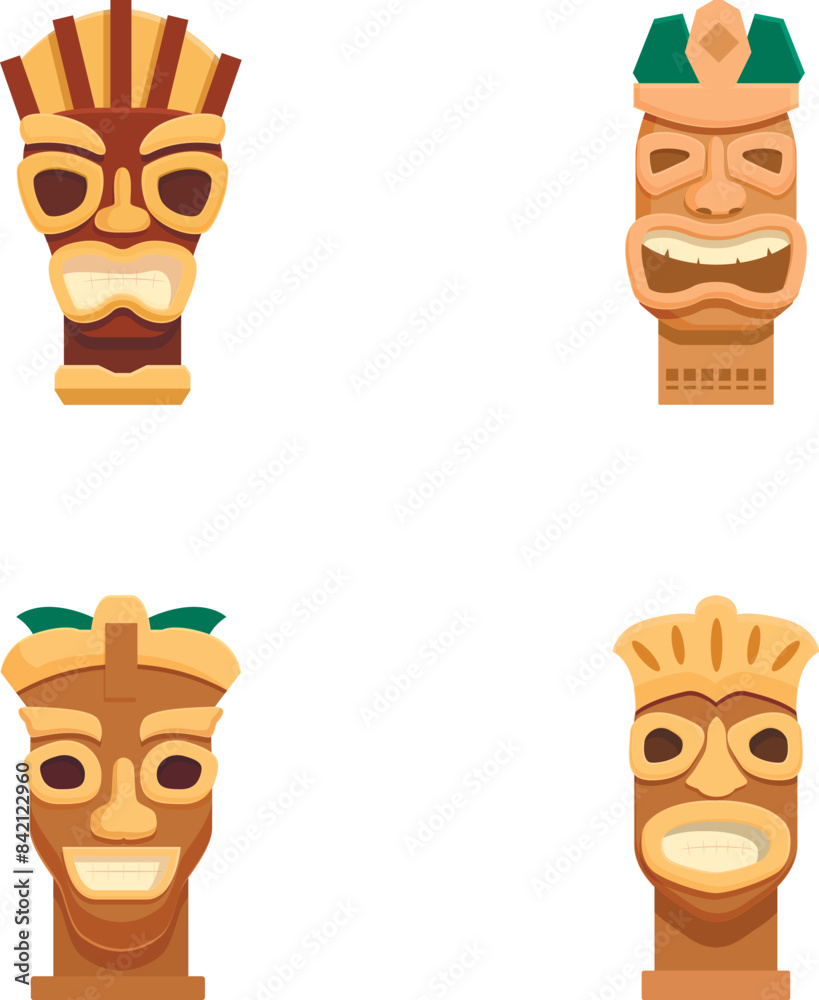 Illustration of four different cartoon tribal masks with various designs and expressions Illustration of four different cartoon tribal masks with various designs and expressions