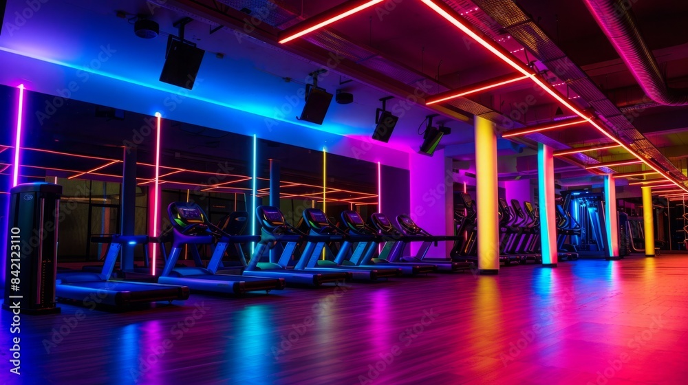 A modern fitness center with vibrant neon lights, showcasing a row of treadmills. A modern fitness center with vibrant neon lights, showcasing a row of treadmills.