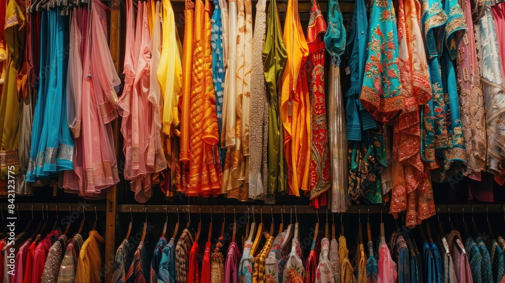 A vibrant assortment of clothes on display in a store.