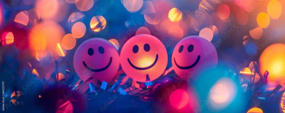 Smiley face balls with colorful bokeh lights, festive and cheerful concept Smiley face balls with colorful bokeh lights, festive and cheerful concept