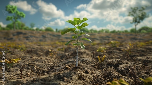 Rebirth A Lone Sapling Amidst Devastation Inspiring Hope and Renewal in Nature's Resilience photo