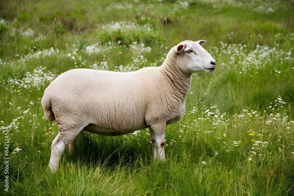 A beige sheep in verdant meadow with white flowers, peaceful and content A beige sheep in verdant meadow with white flowers, peaceful and content