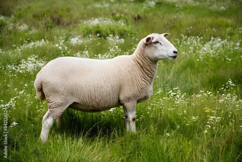A beige sheep in verdant meadow with white flowers  peaceful and content