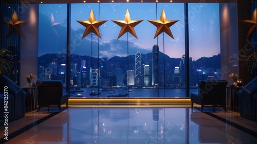 A view of Hong Kongs skyline from a hotel room, with three stars hanging in the window. photo