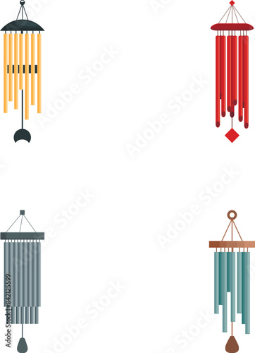 Set of four colorful, vector wind chimes isolated on a white background