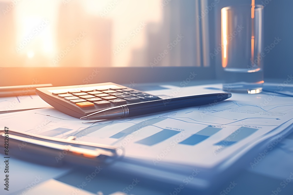 Close up of calculator and financial graphs on desk, sun shining through window in background with bokeh effect. Ai generated Close up of calculator and financial graphs on desk, sun shining through window in background with bokeh effect. Ai generated