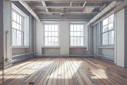 Anime style illustration of an empty room with a wood floor, large windows and an industrial ceiling, light grey color scheme. Ai generated