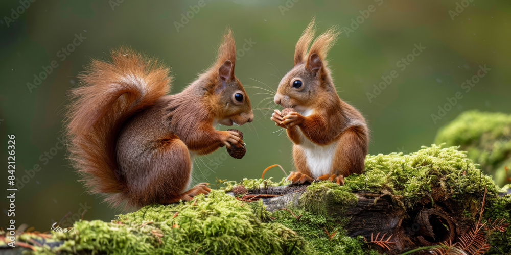 A close-up of a squirrel holding a nut in its paws, sitting on a moss-covered log A close-up of a squirrel holding a nut in its paws, sitting on a moss-covered log