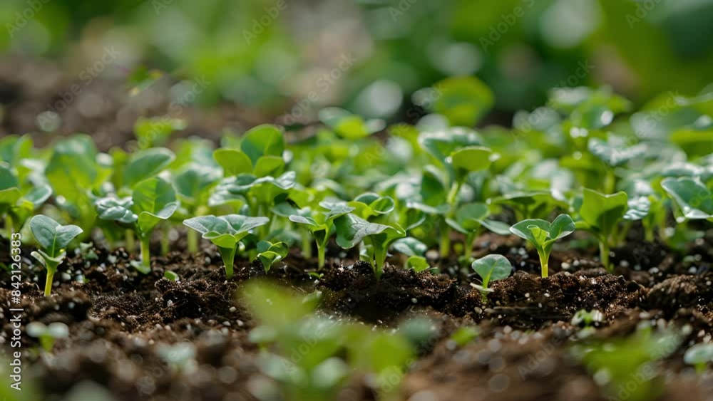 Sprouts of baby greens peek out from under the soft moist earth hinting at the bounty that will soon follow. Sprouts of baby greens peek out from under the soft moist earth hinting at the bounty that will soon follow.