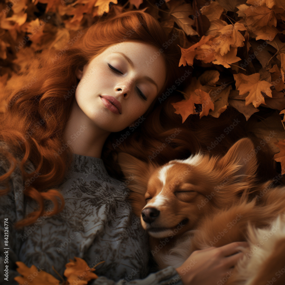 red haired woman sleep with a cute dog amid fallen leaves,to chill out,relaxing,friendship,lifestyle and season concept red haired woman sleep with a cute dog amid fallen leaves,to chill out,relaxing,friendship,lifestyle and season concept