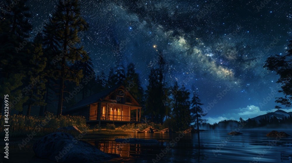 Fototapeta premium Starry Night Serenity Cozy Cabin Bathed in Milky Way Glow Amidst Untouched Wilderness