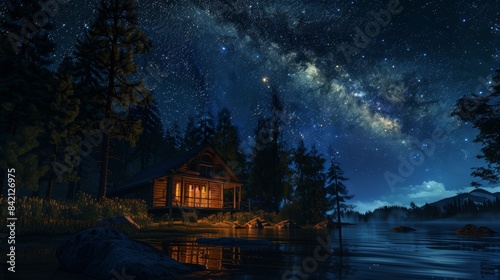 Starry Night Serenity Cozy Cabin Bathed in Milky Way Glow Amidst Untouched Wilderness © AbiScene