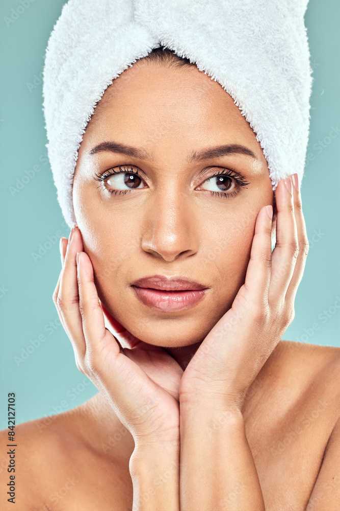 Towel, thinking and woman with hands in studio for shower, hygiene and pride for cleaning. Model girl, idea and glow for wellness or grooming in morning with routine and skincare by blue background Towel, thinking and woman with hands in studio for shower, hygiene and pride for cleaning. Model girl, idea and glow for wellness or grooming in morning with routine and skincare by blue background