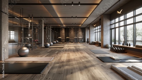 An empty modern fitness studio with wood floors, large windows, and a variety of exercise equipment.