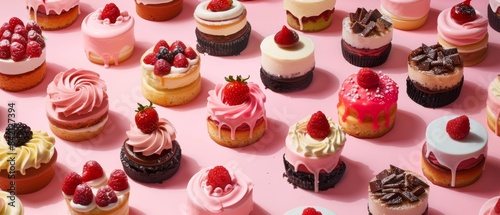 A variety of colorful cupcakes background. An assortment of delicious cupcakes arranged on a platter.