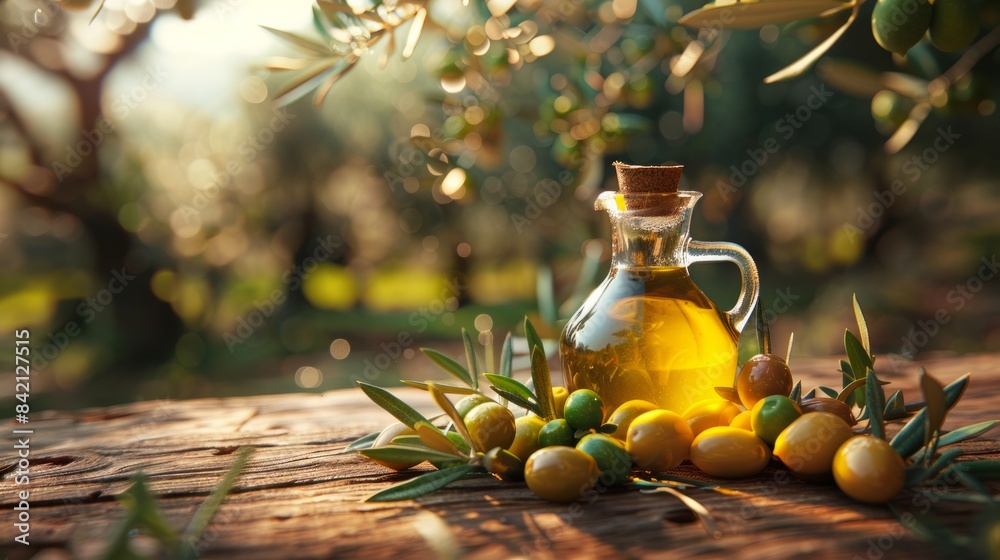 Olive oil bottle with olives and leaves on wooden table Olive oil bottle with olives and leaves on wooden table