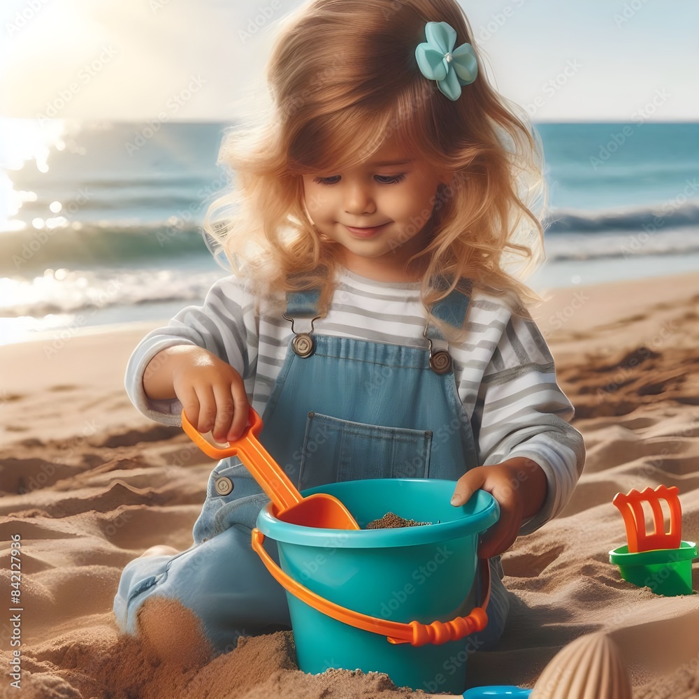 Toddler Boy Plays In The Sand On A Beach At Sunset. Kid playing with shuffle and buckets Toddler Boy Plays In The Sand On A Beach At Sunset. Kid playing with shuffle and buckets