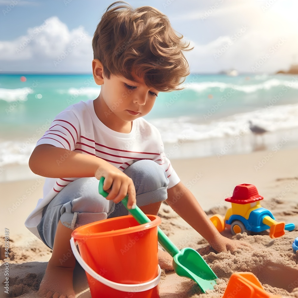 Toddler Boy Plays In The Sand On A Beach At Sunset. Kid playing with shuffle and buckets Toddler Boy Plays In The Sand On A Beach At Sunset. Kid playing with shuffle and buckets