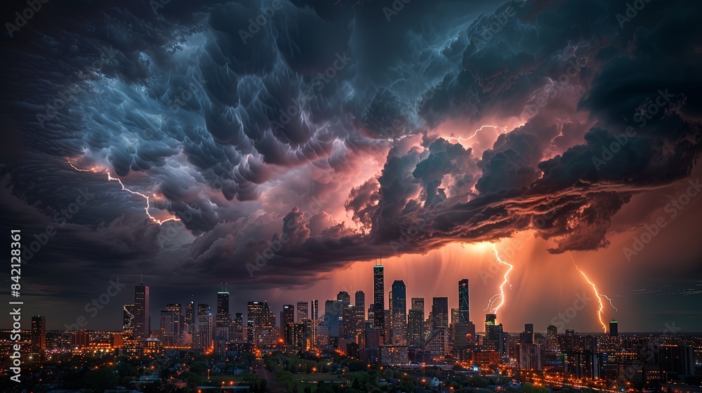 City skyline during a dramatic storm, dramatic, ominous, contrast, stormy weather, city lights, City skyline during a dramatic storm, dramatic, ominous, contrast, stormy weather, city lights,