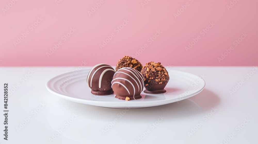 Chocolate and Peanut Butter Truffles served on a white plate on a white table and a pink wall in the background Chocolate and Peanut Butter Truffles served on a white plate on a white table and a pink wall in the background