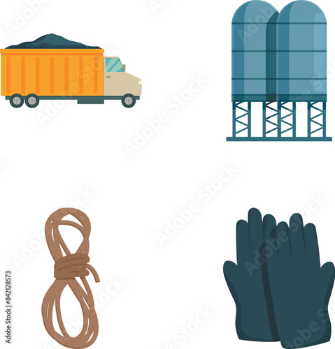 Vector icon set featuring a dump truck, grain silos, a rope, and gloves