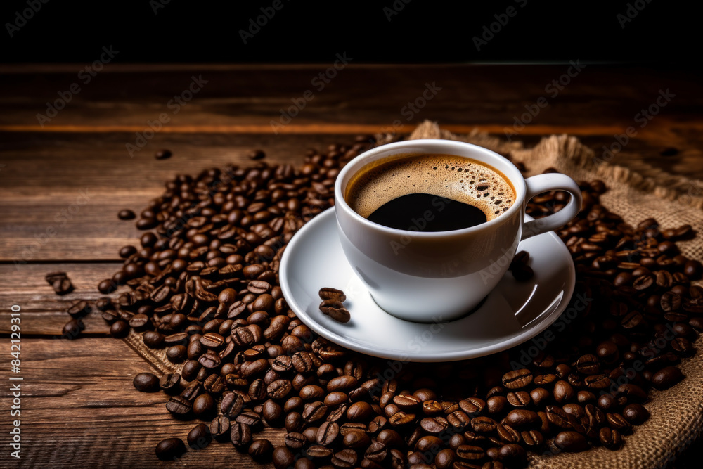 Cup of black coffee on white saucer, surrounded by roasted coffee beans on rustic wooden table Cup of black coffee on white saucer, surrounded by roasted coffee beans on rustic wooden table