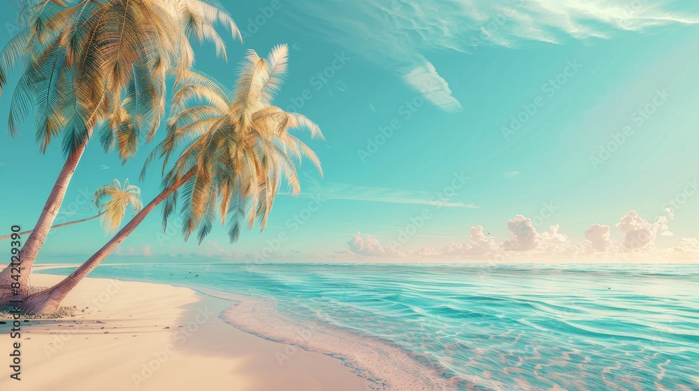 A serene beach scene represents an ideal summer vacation spot, with beautiful palm trees and a turquoise ocean under a clear, blue sky A serene beach scene represents an ideal summer vacation spot, with beautiful palm trees and a turquoise ocean under a clear, blue sky