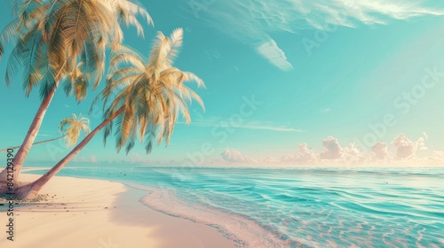 A serene beach scene represents an ideal summer vacation spot  with beautiful palm trees and a turquoise ocean under a clear  blue sky