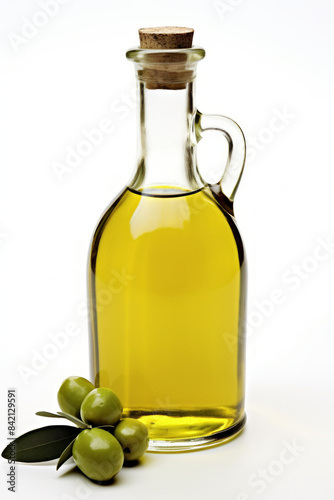 Glass bottle of olive oil with a cork stopper, accompanied by fresh green olives and olive leaves, set against a white background.
