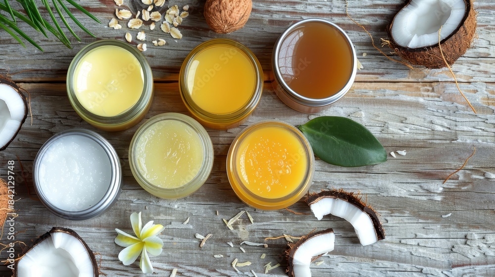 Nourishing Natural Lip Balms Organic Ingredients on Rustic Wood Background Nourishing Natural Lip Balms Organic Ingredients on Rustic Wood Background