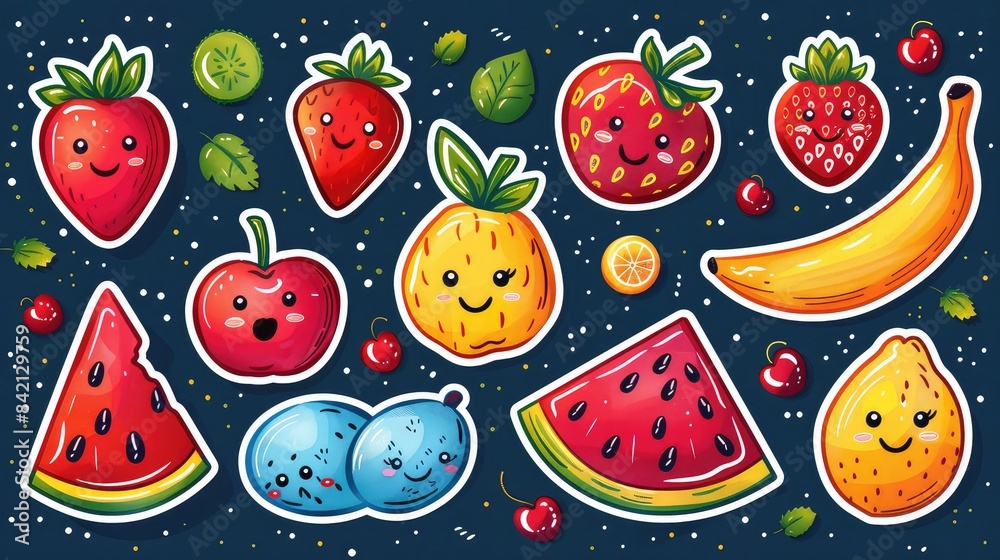 Vibrant Collection of Retro Fruit Cartoon Stickers - Summer Vector Illustration of Cherry, Strawberry, Banana, and Watermelon Vibrant Collection of Retro Fruit Cartoon Stickers - Summer Vector Illustration of Cherry, Strawberry, Banana, and Watermelon
