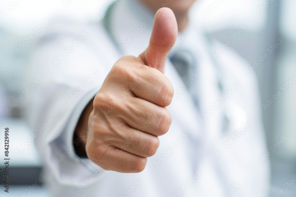Close-up of a doctor giving a thumbs up gesture, symbolizing approval, positivity, and confidence in a medical setting. Close-up of a doctor giving a thumbs up gesture, symbolizing approval, positivity, and confidence in a medical setting.