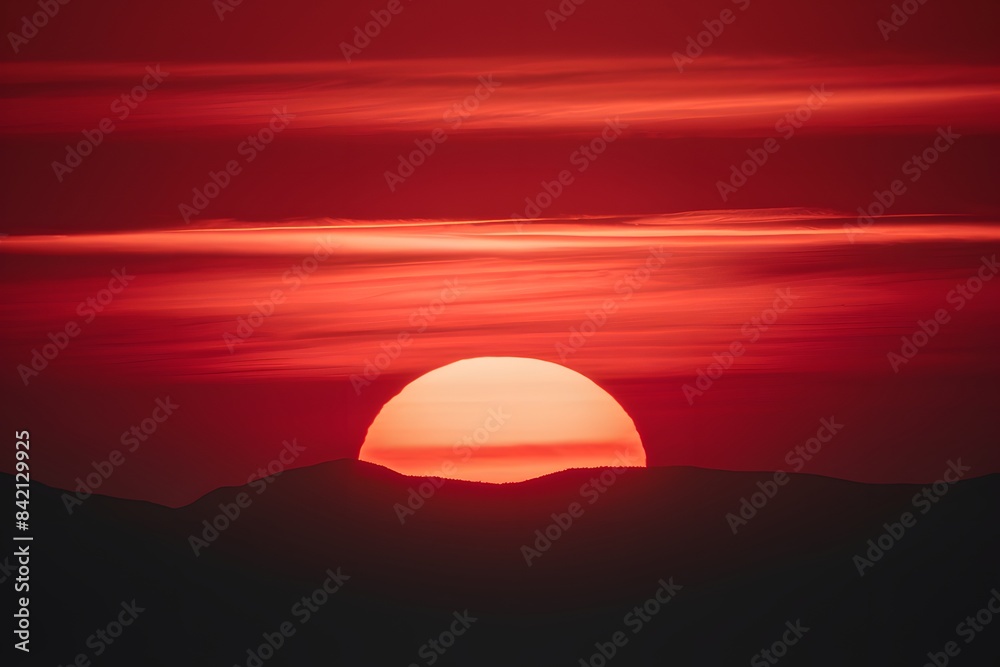 Vibrant sunset with reds, oranges, and silhouetted mountains, creating a serene atmosphere Vibrant sunset with reds, oranges, and silhouetted mountains, creating a serene atmosphere