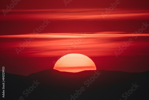 Vibrant sunset with reds  oranges  and silhouetted mountains  creating a serene atmosphere