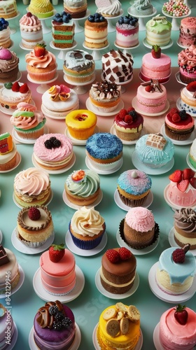 A variety of colorful cupcakes background. An assortment of delicious cupcakes arranged on a platter.