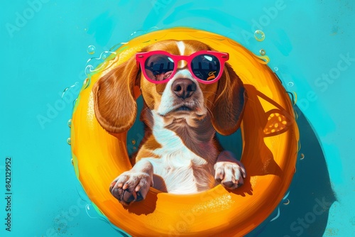 A dog sports sunglasses and relaxes on a yellow pool float, embodying the summer vacation vibe in a vivid color and striking background