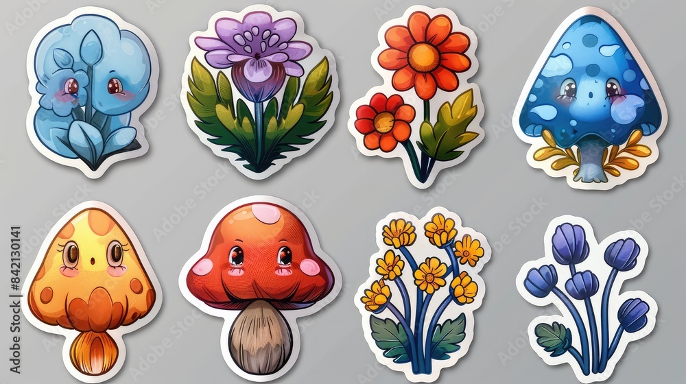 Retro Cartoon Flower Character Sticker Pack: Groovy Funky Comic Daisy Flower with Abstract Cloud Shapes in Trendy Retro Cartoon Style Retro Cartoon Flower Character Sticker Pack: Groovy Funky Comic Daisy Flower with Abstract Cloud Shapes in Trendy Retro Cartoon Style