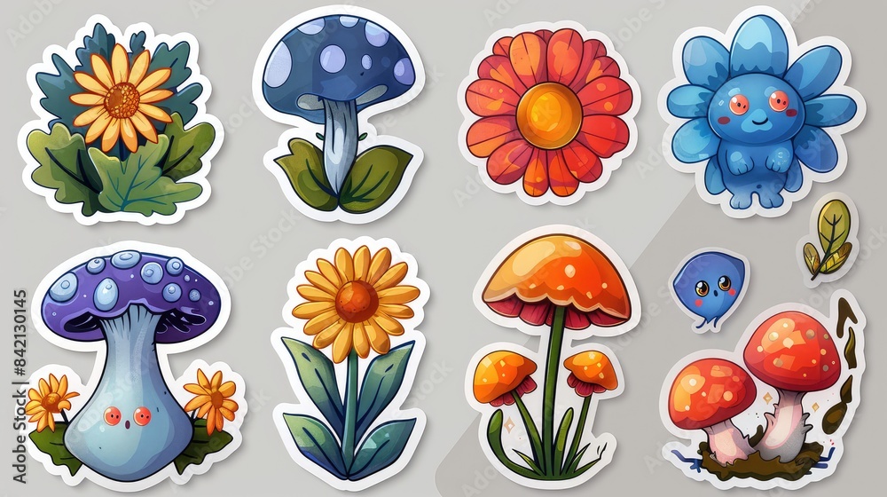 Naklejka premium Retro Cartoon Flower Character Sticker Pack: Groovy Funky Comic Daisy Flower with Abstract Cloud Shapes in Trendy Retro Cartoon Style