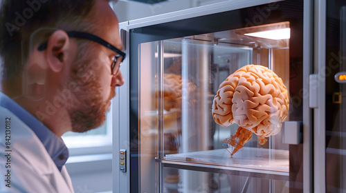 person in a lab with a detailed anatomical model of human bones in clear protective dome showcasing intricate structure photo