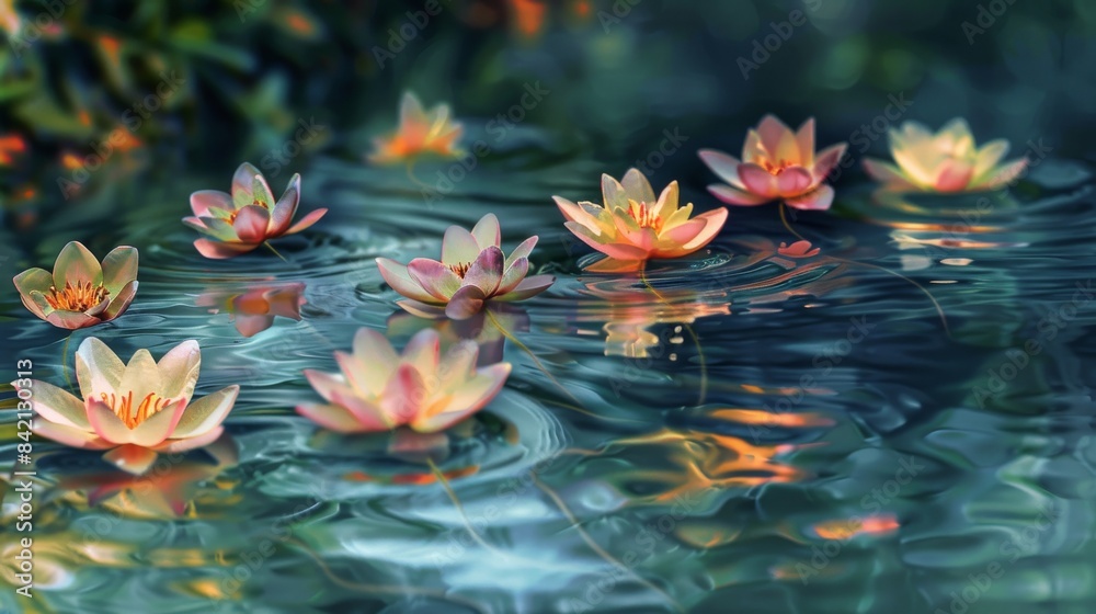 Serene lotus blossoms cast beautiful reflections on the tranquil water surface, symbolizing purity and peace, great for summer or vacation-themed designs Serene lotus blossoms cast beautiful reflections on the tranquil water surface, symbolizing purity and peace, great for summer or vacation-themed designs