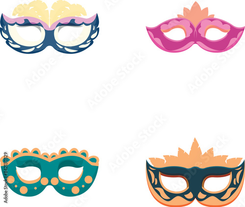 Four decorative masquerade masks illustrating various festive designs isolated on a white background