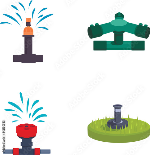 Collection of colorful cartoon sprinkler icons for garden irrigation and lawn watering