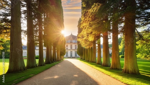 sunlight trough cedars path at cheverny chateau park france photo