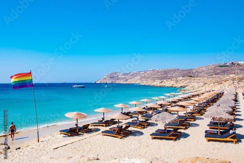 Mykonos, Greece, Elia Beach. Pristine bay with blue sea and crystal water, famous for naturism, LGBT plus friendly, peaceful and quiet.