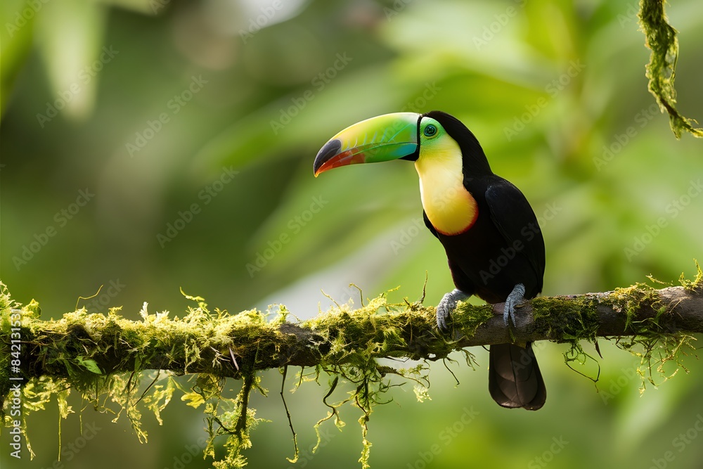 Fototapeta premium Colorful toucan perched on mossy branch in lush green forest setting