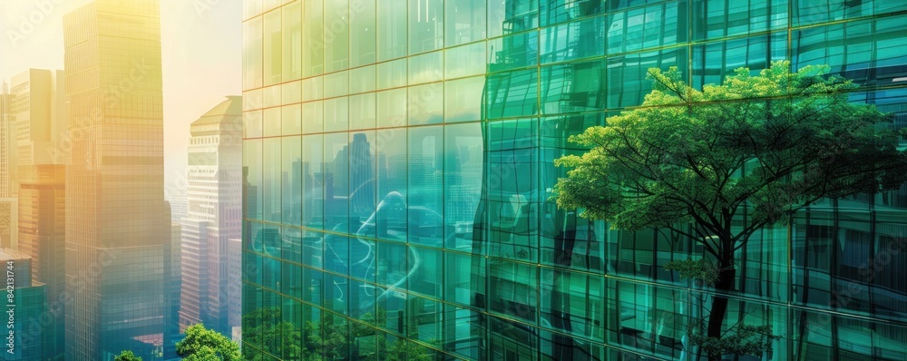 Fototapeta premium An eco-friendly building with green glass panels reflecting a tree under the bright sunlight, showcasing sustainable architecture and modern design