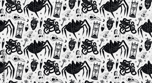 Mystical seamless pattern. Spider Woman. Vector illustration. Half spider. Gothic ornament. Halloween template. hand drawn magical illustrations. The witch and her spell. Graphic background.
