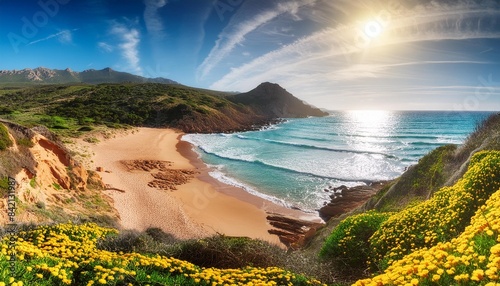 sun shining over porto pirastu beach in springtime photo